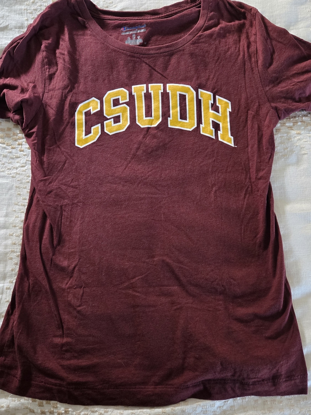 Champion Maroon CSUDH Short Sleeve Tee with Gold Lettering